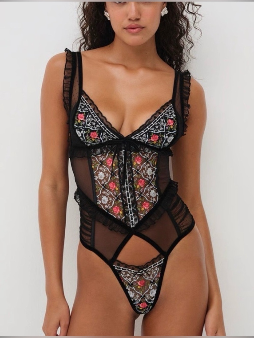For Love And Lemons Loretta Black Floral Lace Teddy One Piece Bodysuit